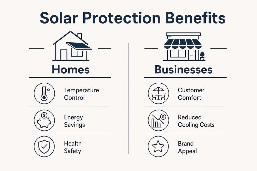 Infographic comparing solar protection benefits for homes and businesses