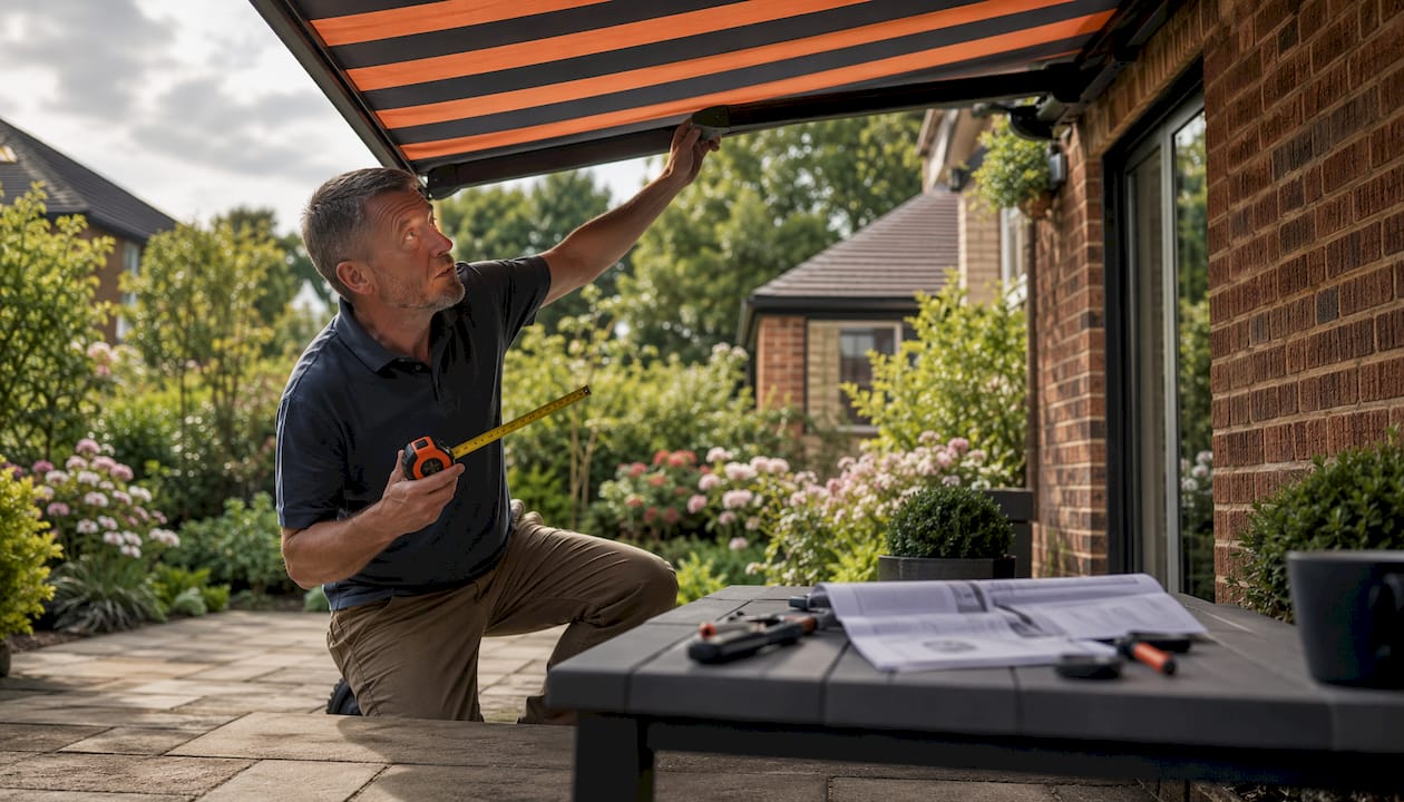 Homeowner inspecting installed awning outdoors