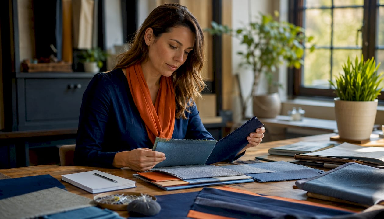 Professional examining awning fabric samples