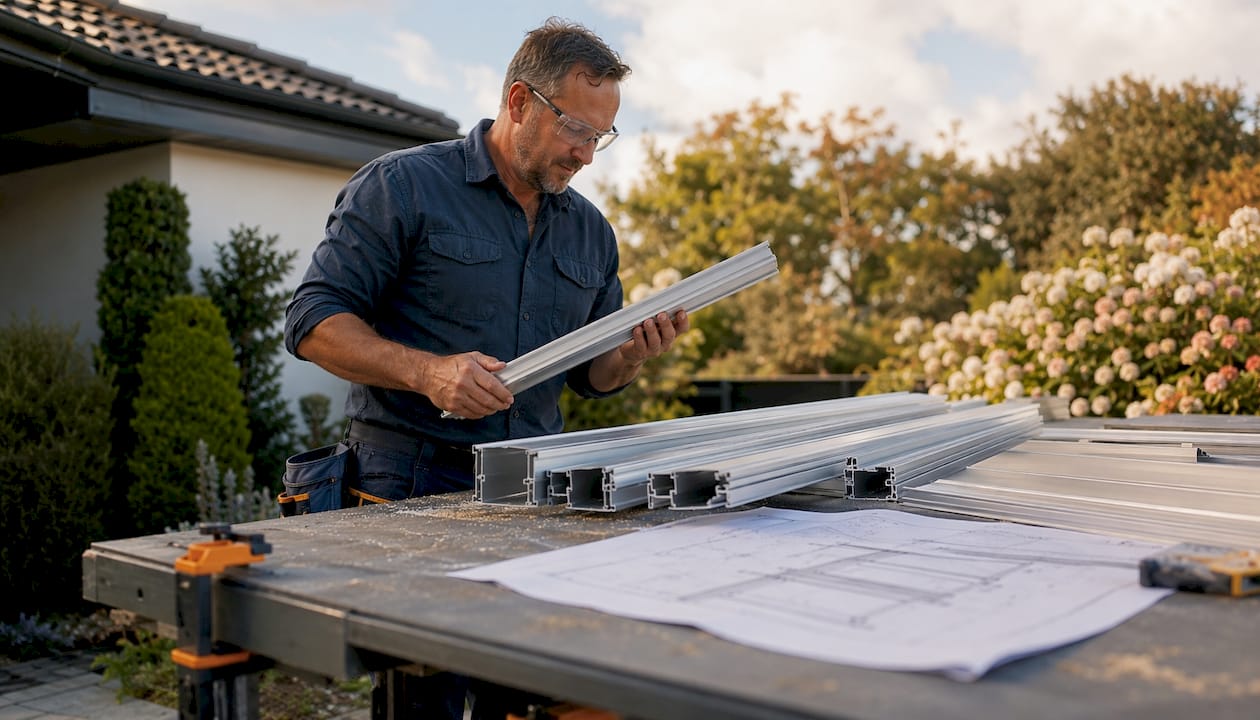 Installer examining aluminium extrusion profiles outdoors