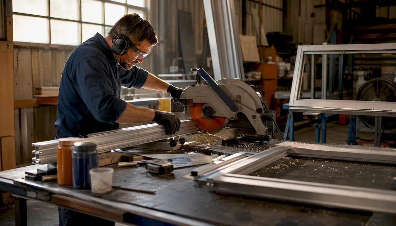 Technician cutting aluminium profiles in workshop