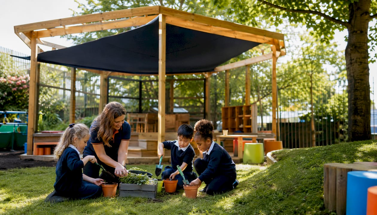 Safe outdoor learning area with shading and children