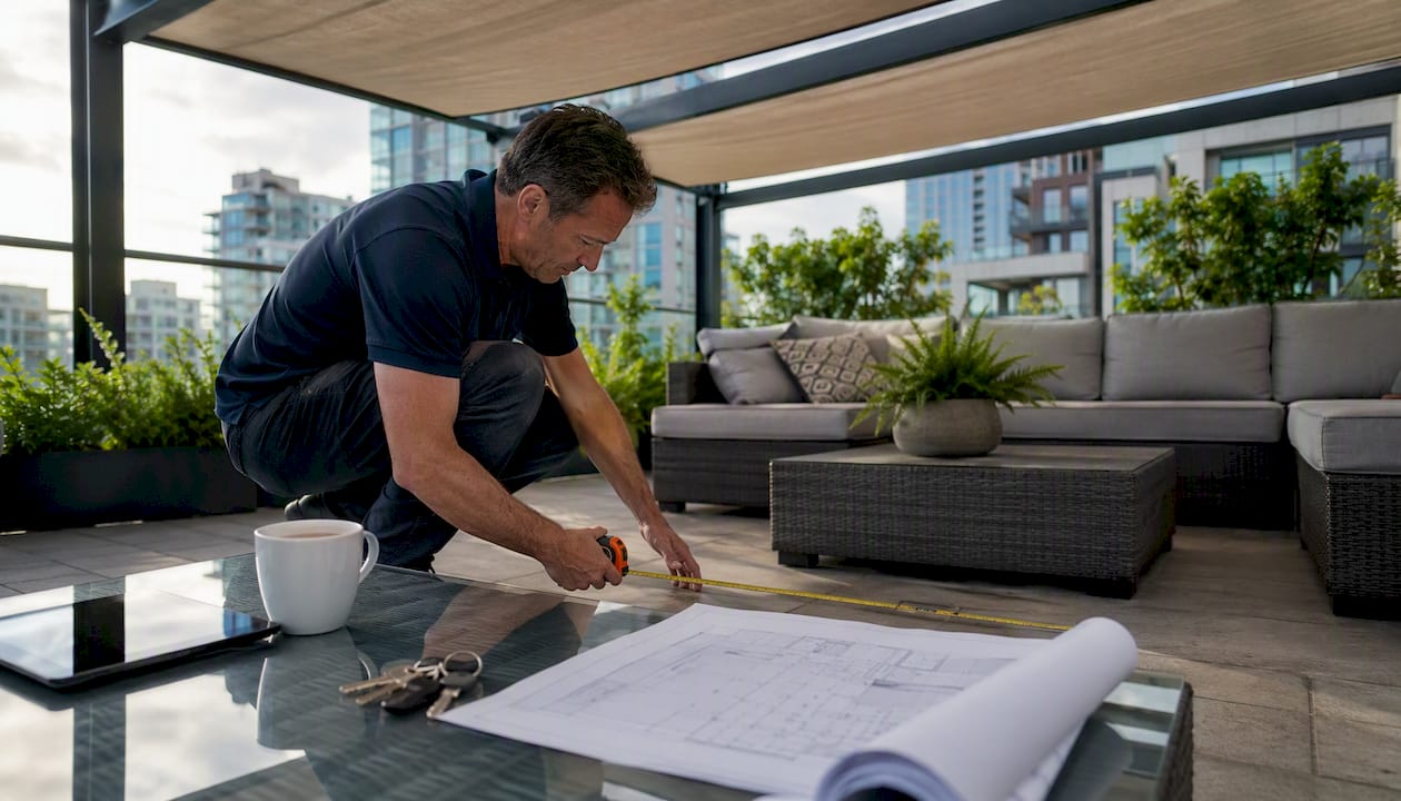 Installer measuring multi-zone shading zones outdoors