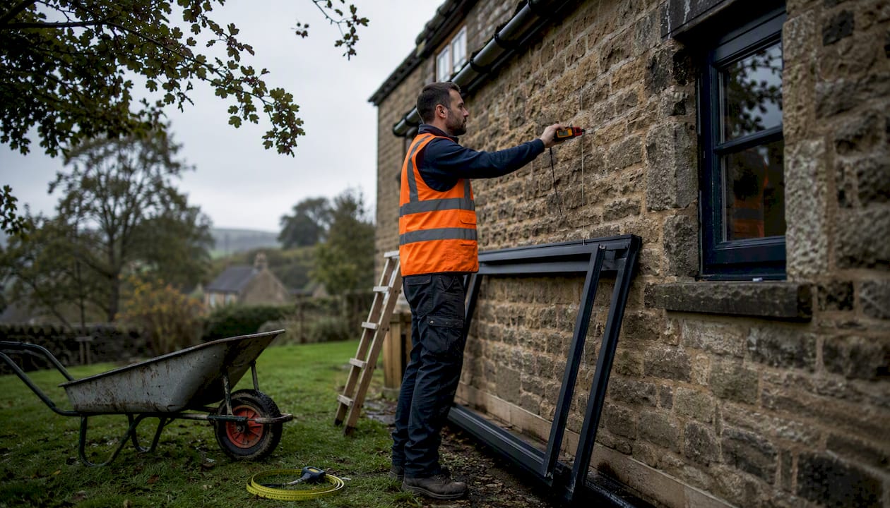 Installer measuring wall before shading installation