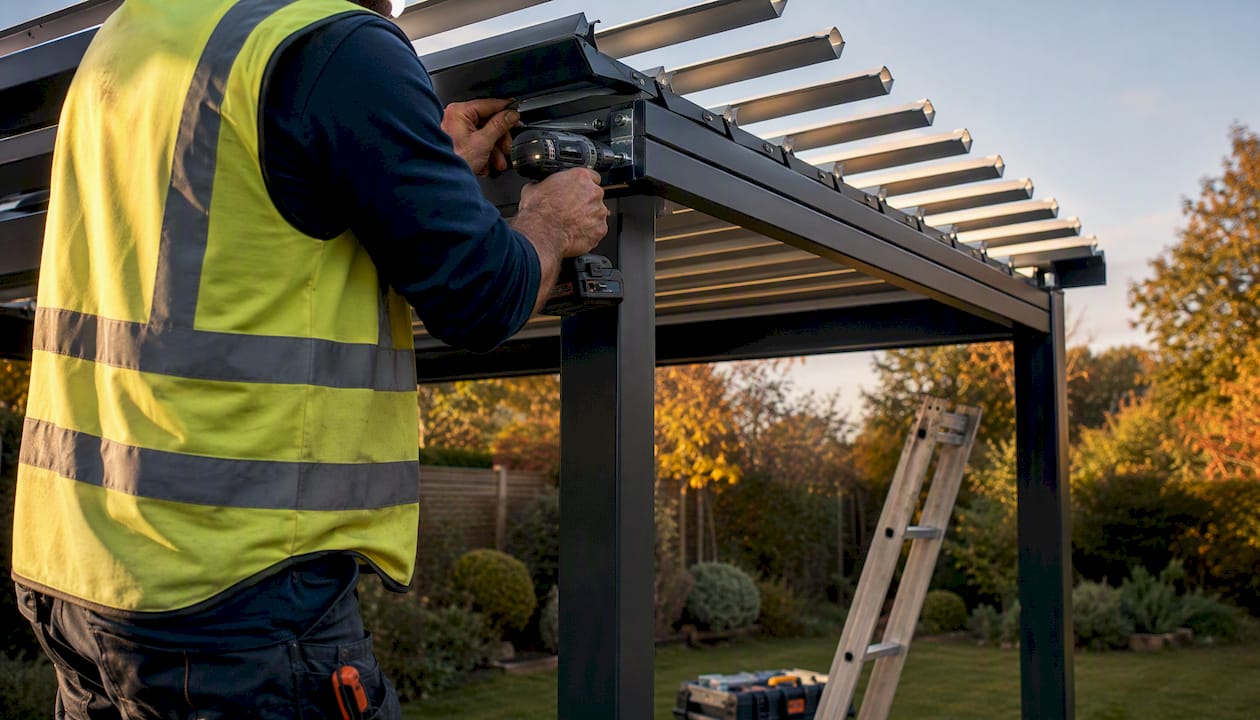 Installer adjusting pergola blades in UK garden