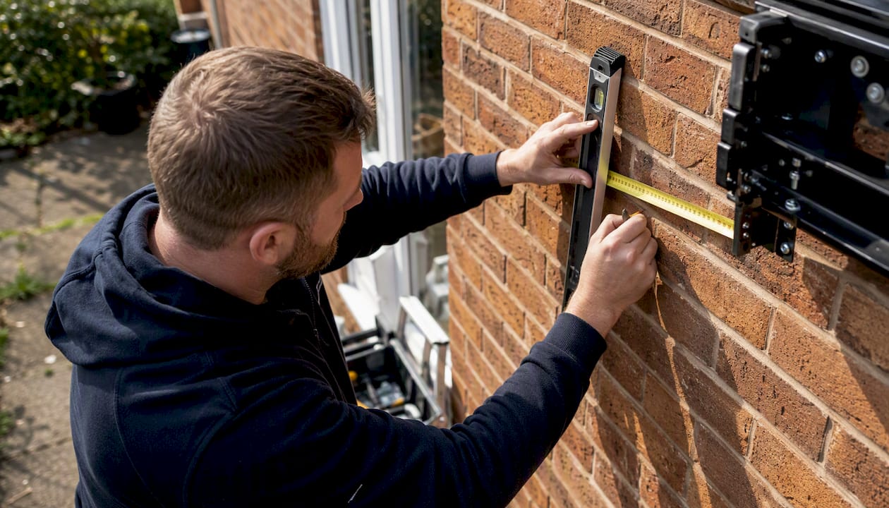 Installer measuring wall for awning installation