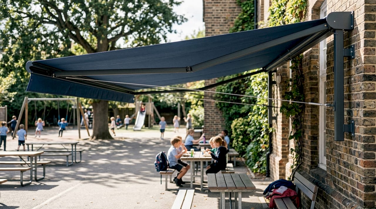Close up of UPF 50+ fabric awning at school