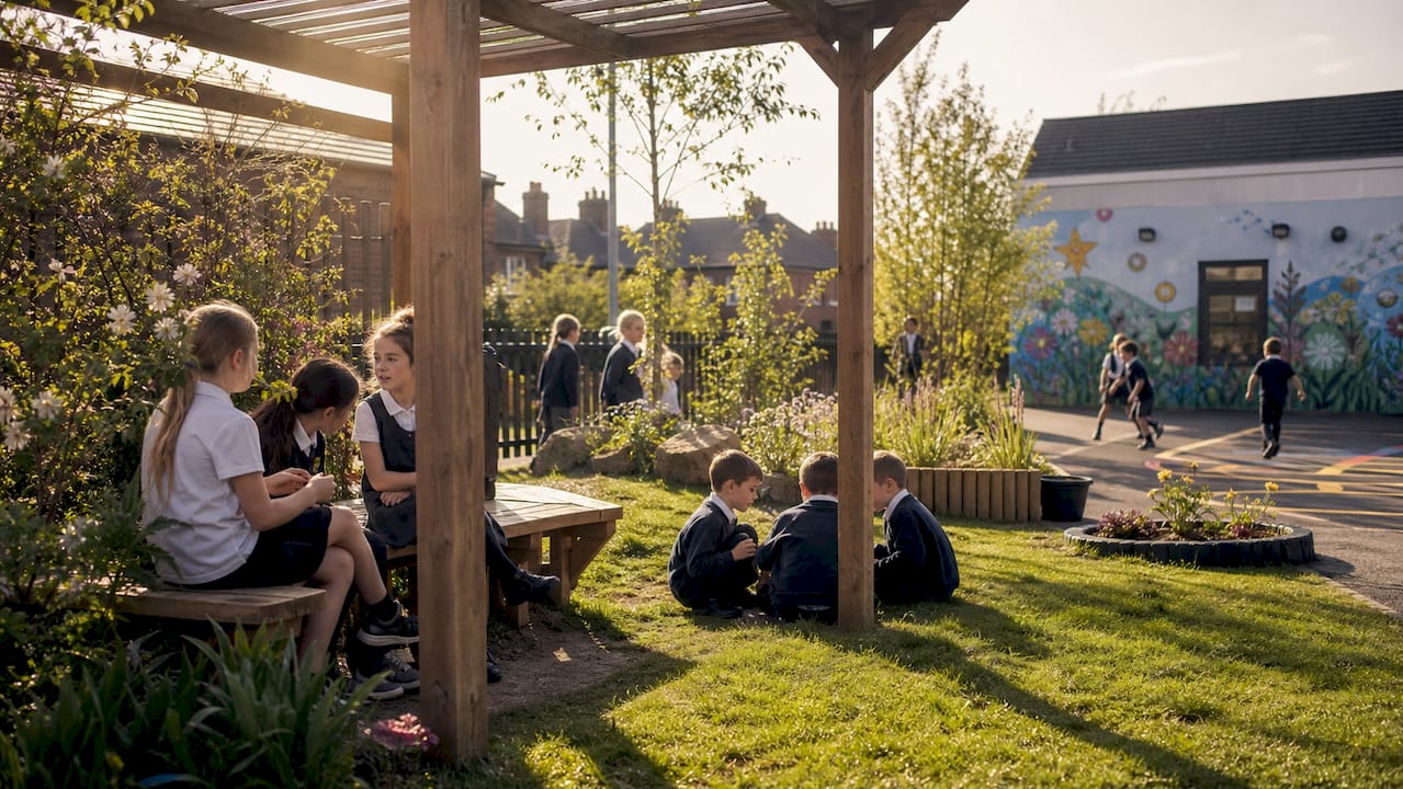 Timber pergola with tree shade in school playground