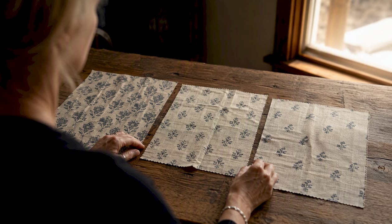 Close-up of three fabric swatches with different repeat patterns