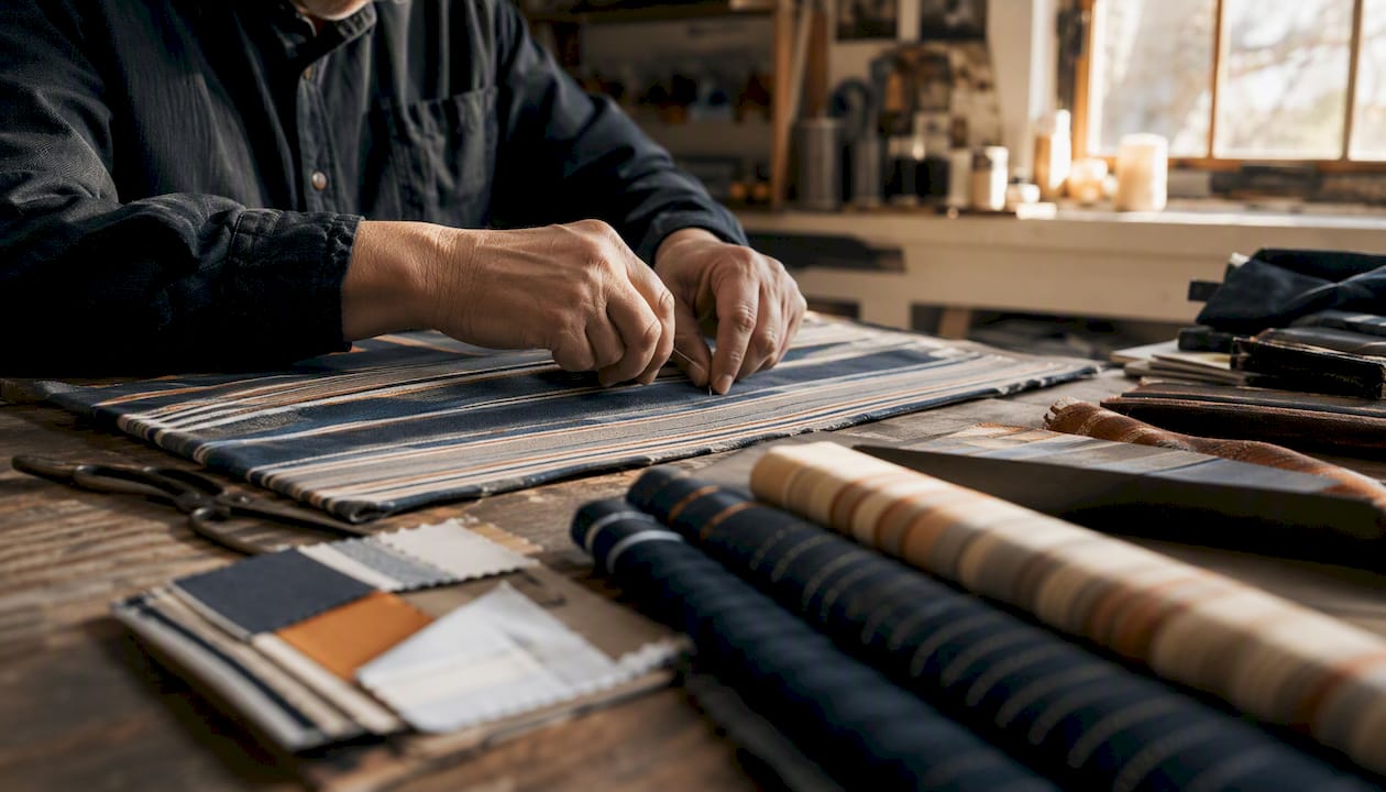 Hands measuring patterned fabrics on wooden table