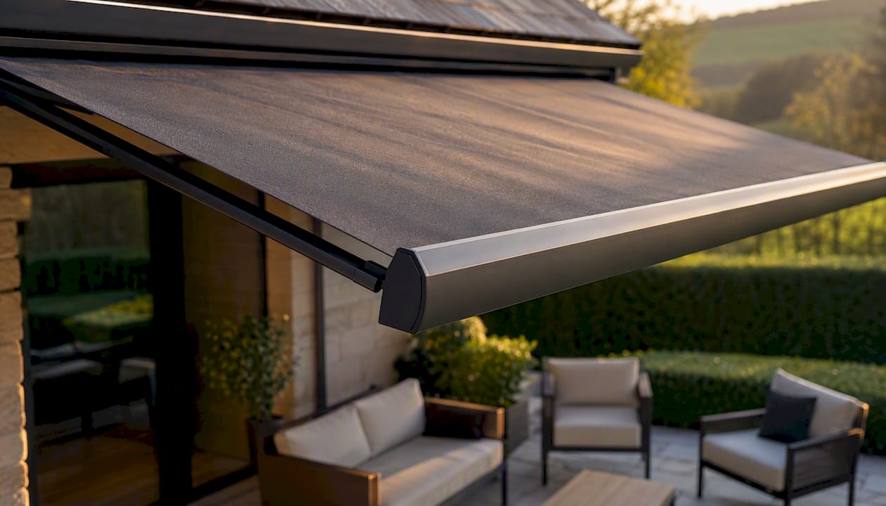 Partial view of retractable awning over patio