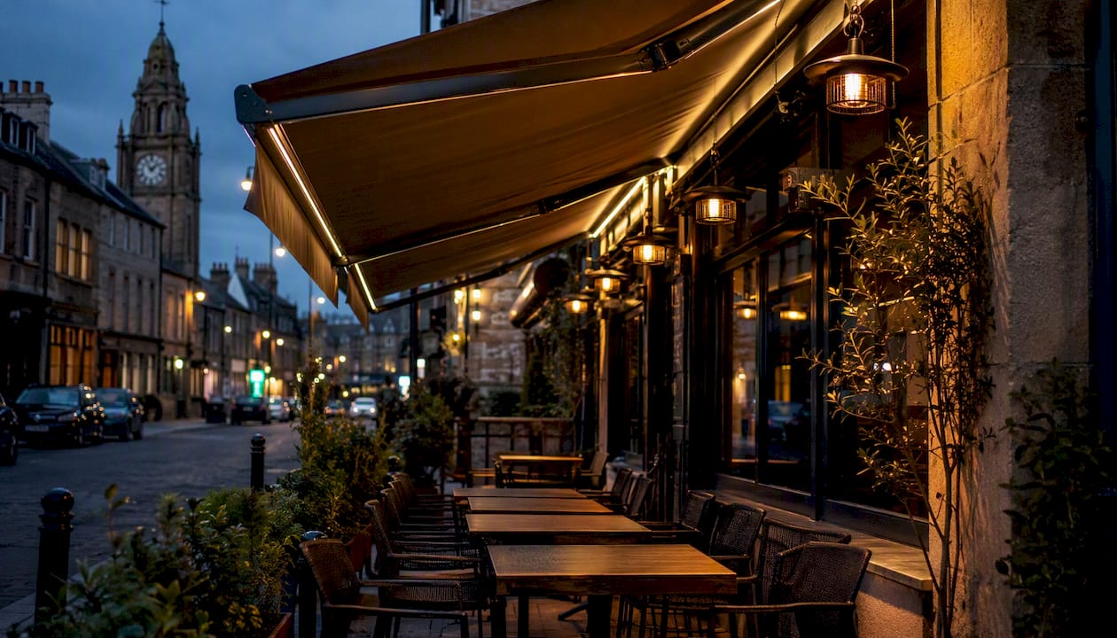 Covered restaurant outdoor terrace at dusk