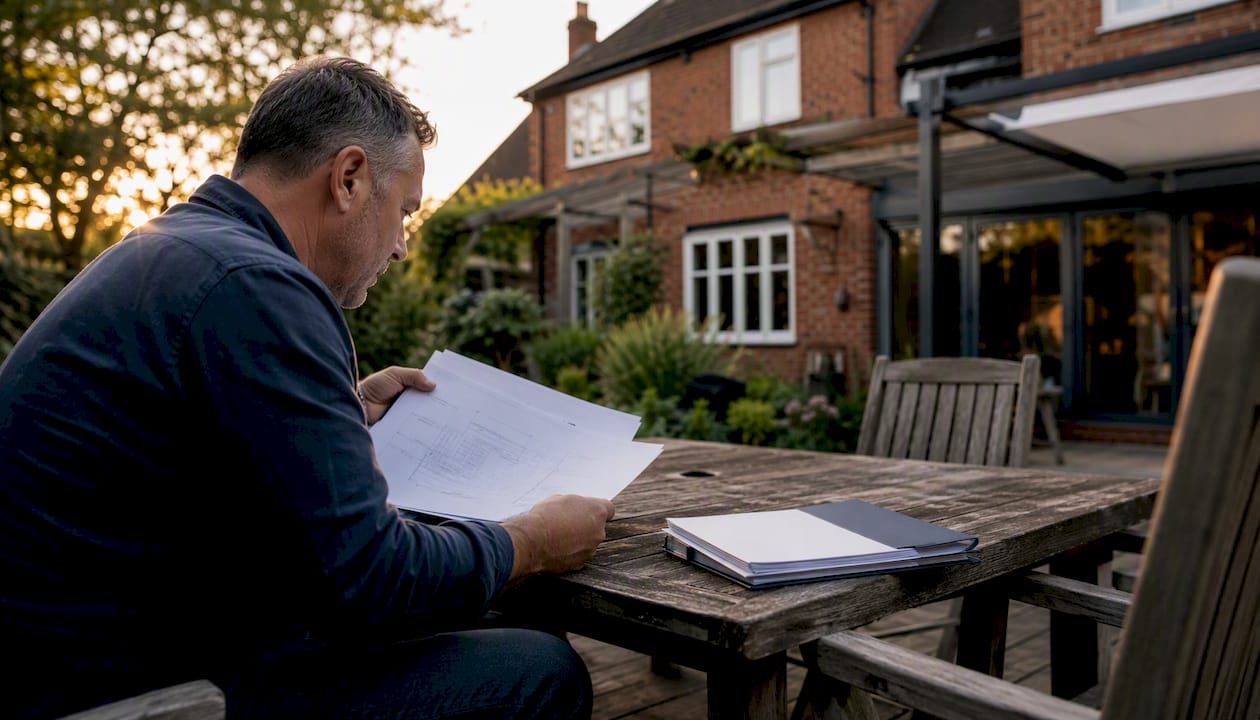 Homeowner reviewing planning documents in garden