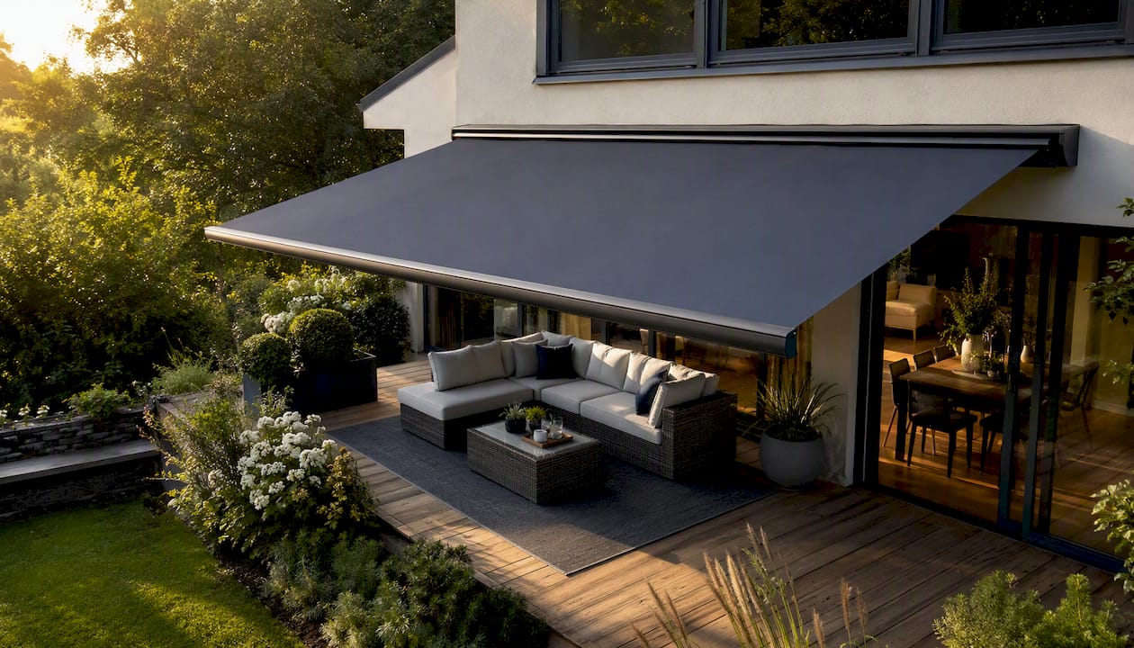 Retractable awning extended on house patio