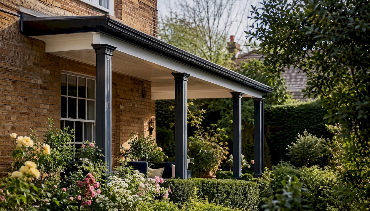 Solid roof veranda on residential house rear