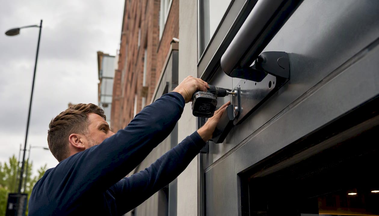 Installer fixing awning bracket on commercial building