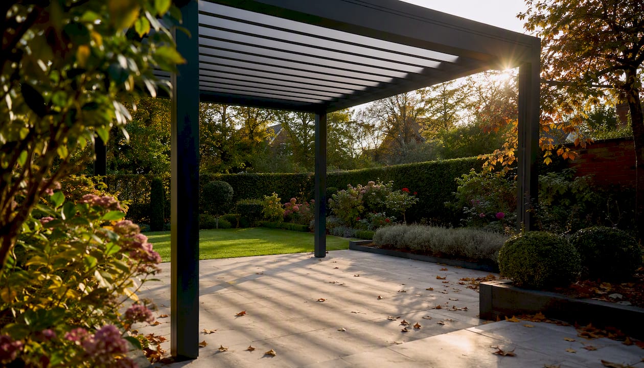 South-facing pergola with sunlight filtering through slats