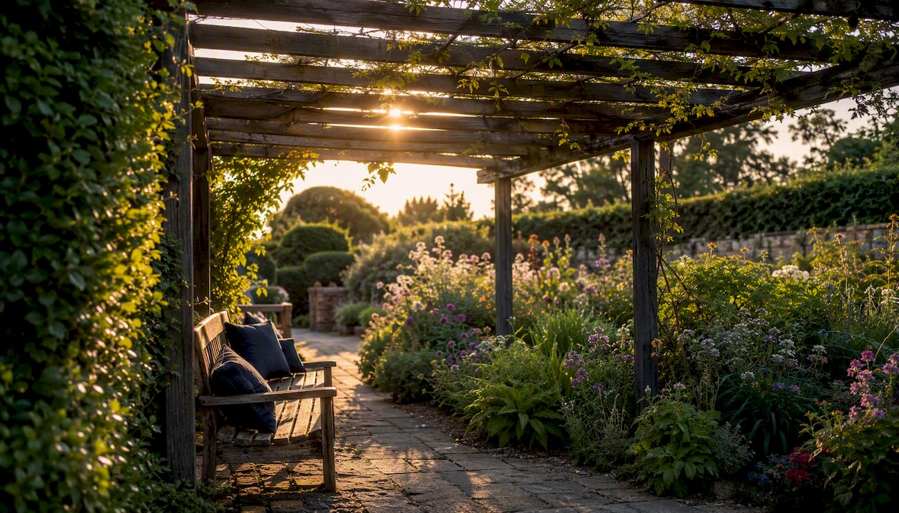 West-facing pergola bathed in evening sunlight