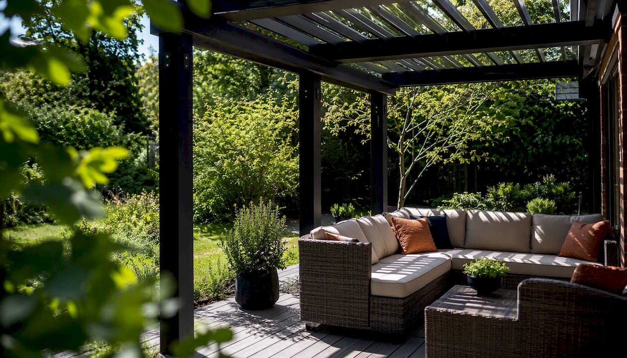Midday shade under south-facing pergola with east-west slats