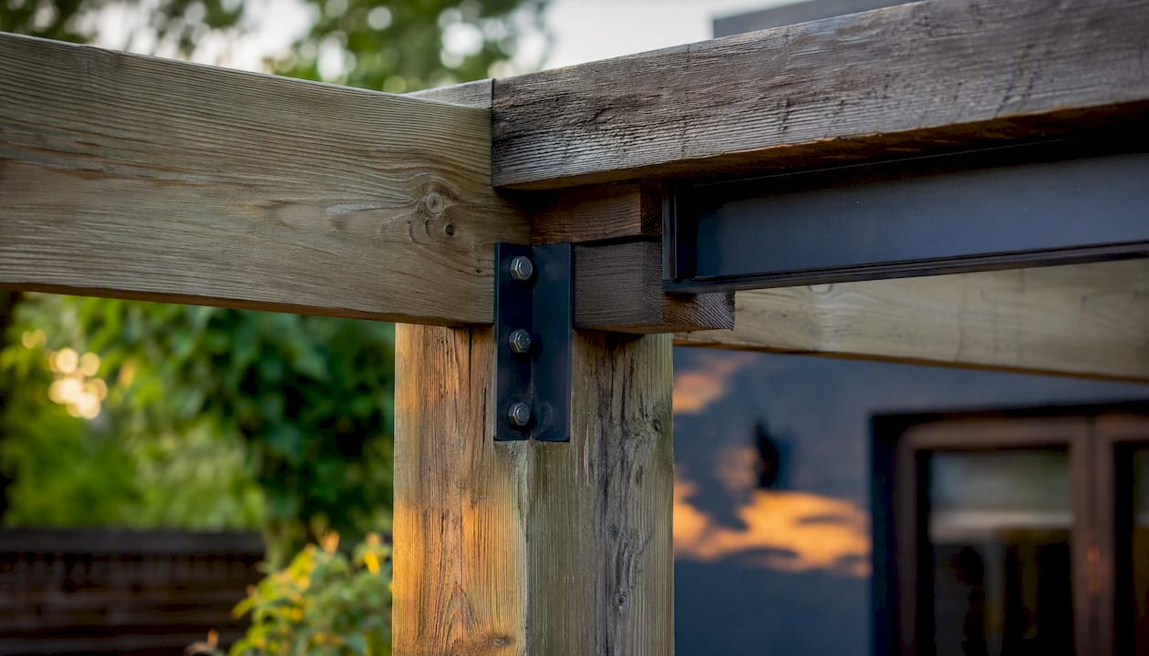 Close-up of pergola materials showing wear