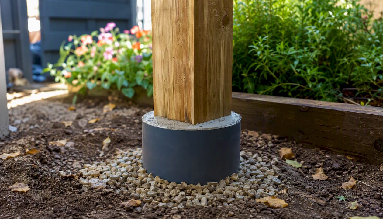 Timber pergola post base with drainage detail