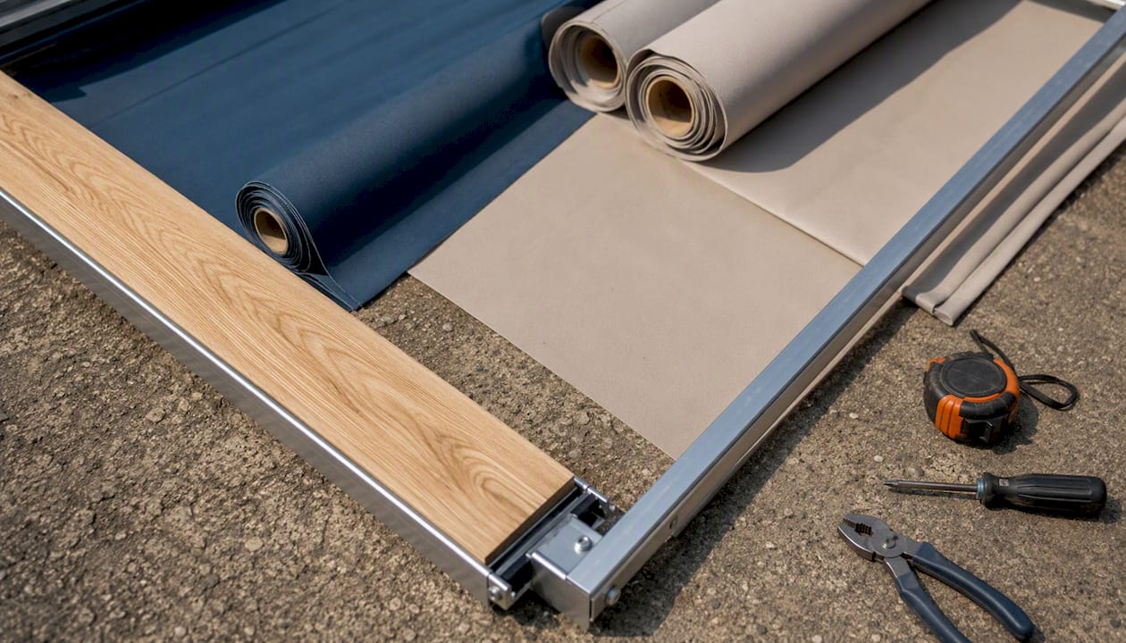 Aluminium frame and timber beam with fabrics