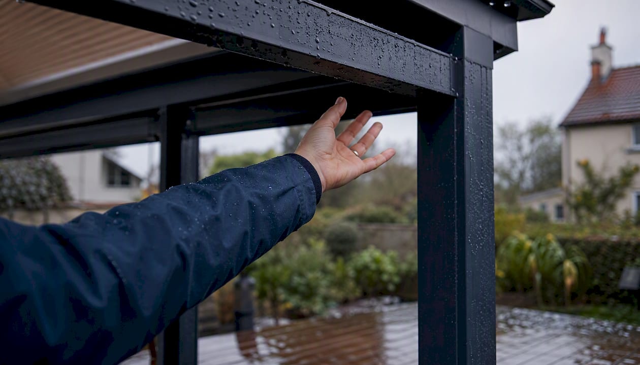 Hand feeling draught under garden shelter on rainy day
