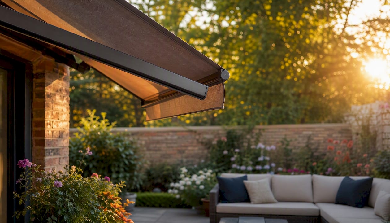 Retractable awning shading a garden patio