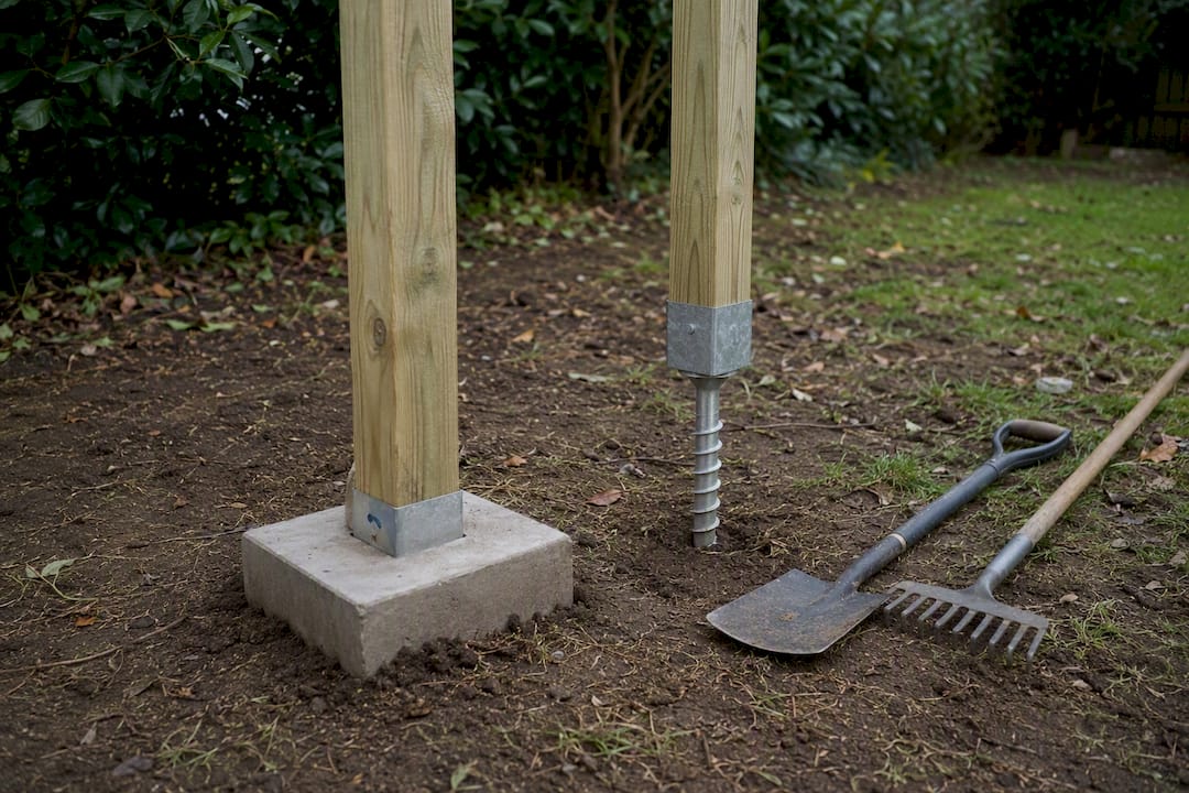 Comparison of concrete footing and screw anchor in garden soil