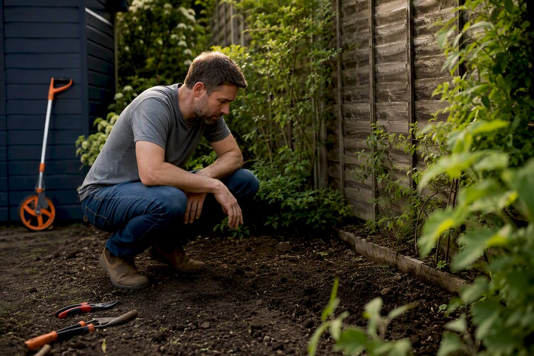 Homeowner measuring garden site for building