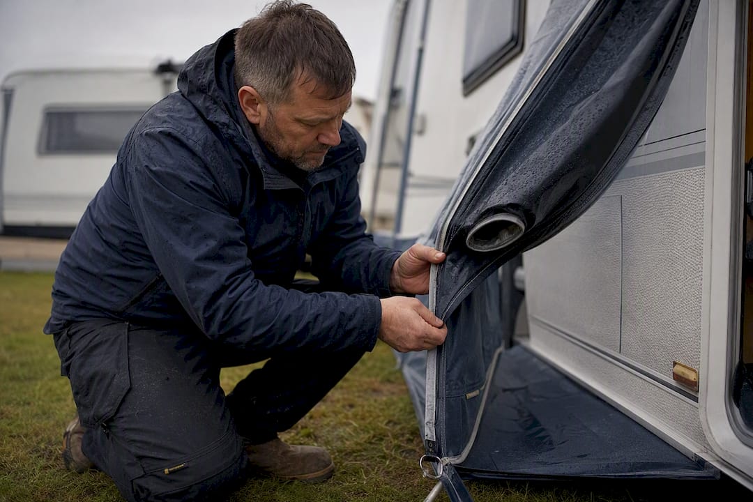 Close inspection of caravan awning storm damage