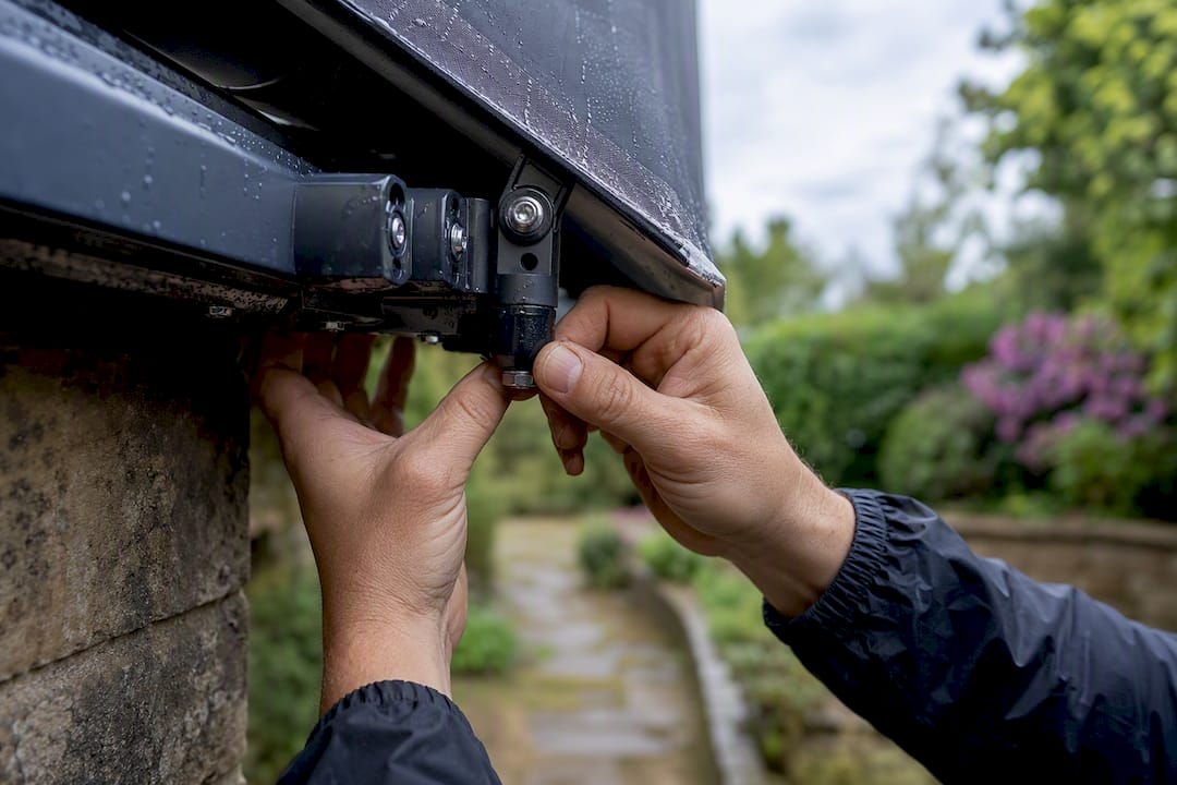 Close-up of awning frame fixings under inspection
