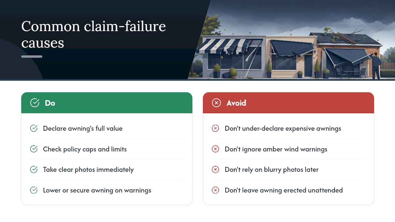 Diagram of common awning claim mistakes and effects