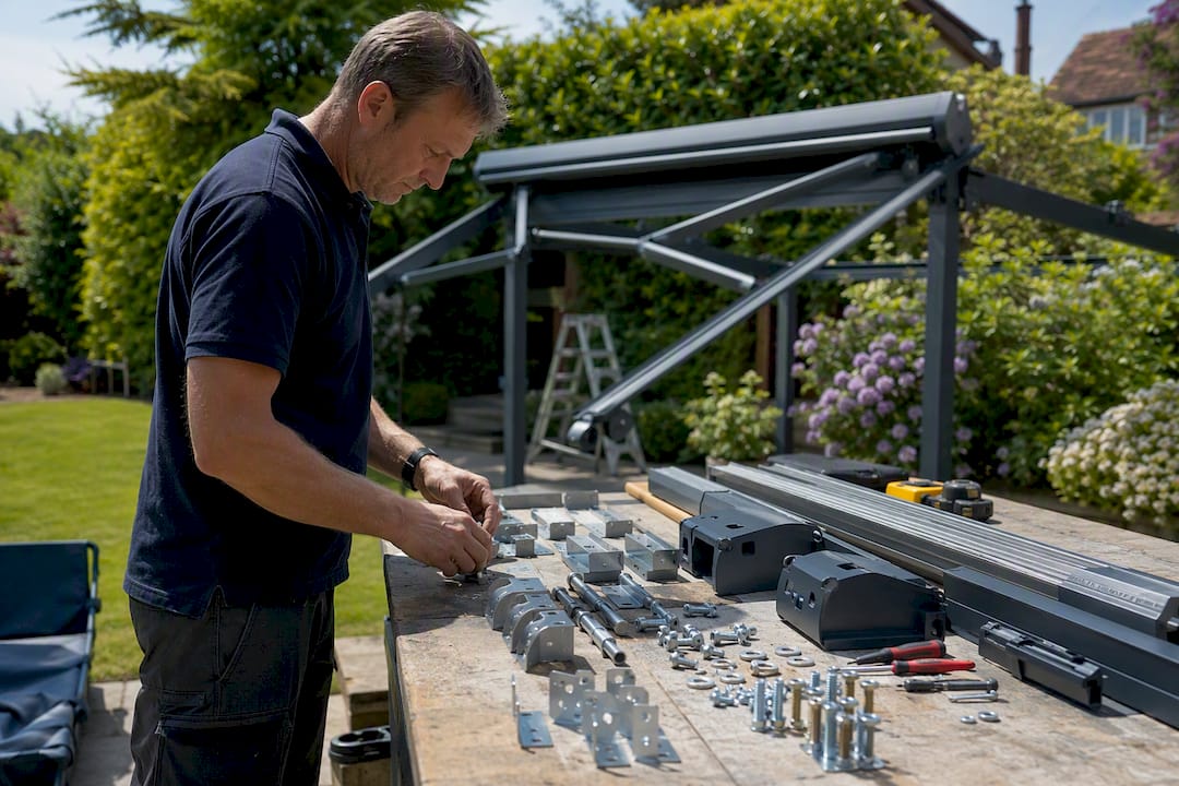 Hands arranging awning mounting hardware