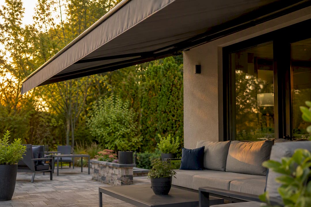 Large retractable awning shading a spacious patio