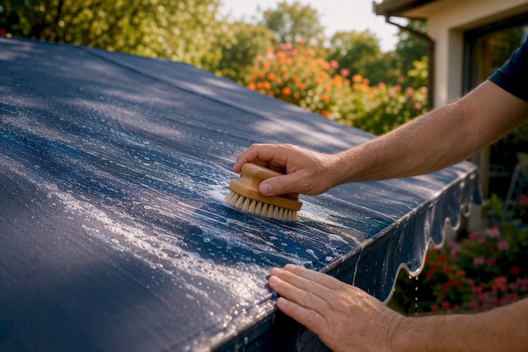 Hands cleaning awning fabric with brush outdoors
