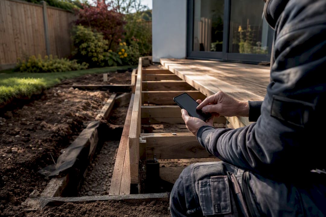 Installer checking planning site on tablet by veranda build