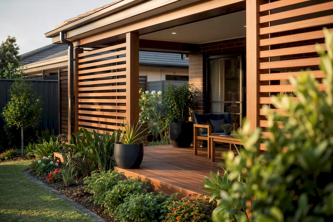 Veranda with privacy slatted screening and hedge