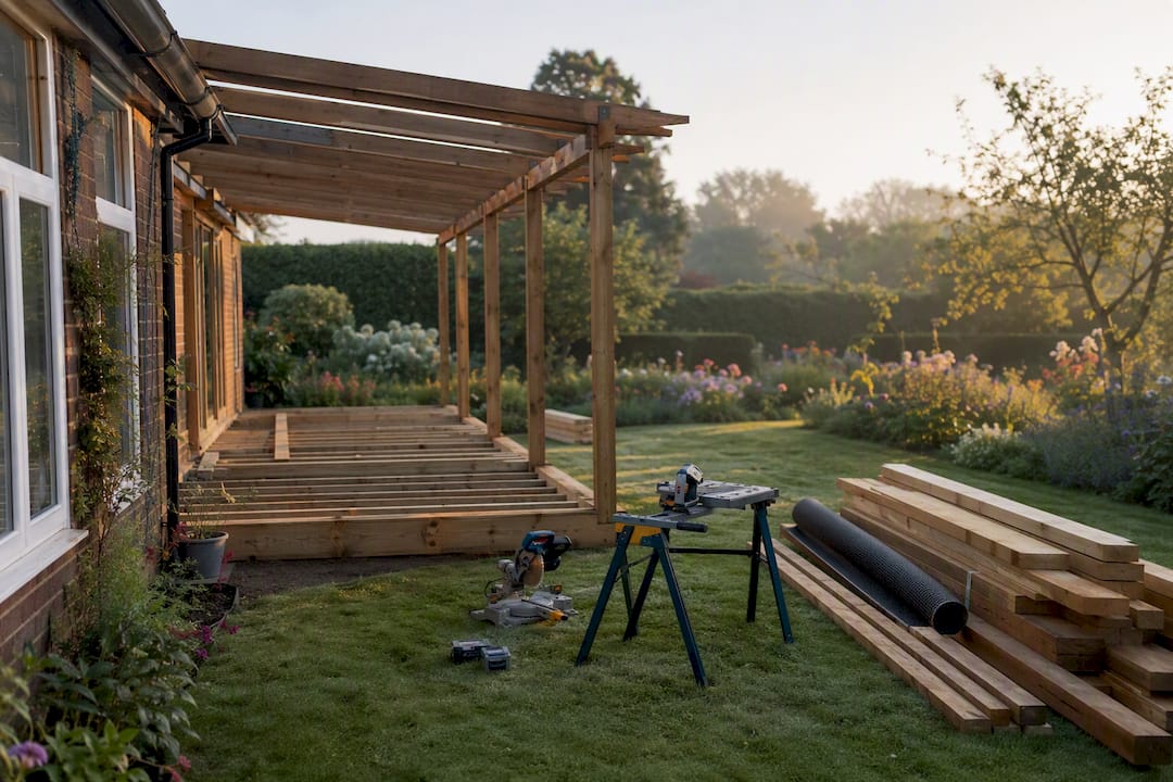 Partially constructed veranda timber frame at house