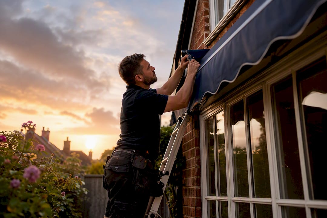 Installer attaching awning fabric outdoors