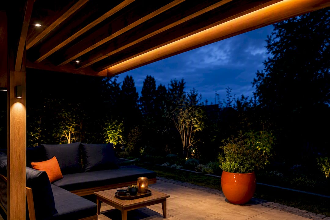 Layered pergola lights illuminating UK garden patio