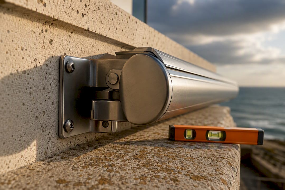 Stainless awning fixing beside coastal masonry