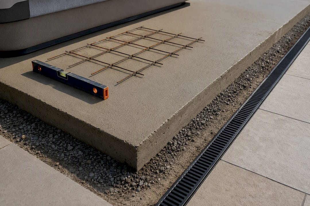 Reinforced concrete pad beneath hot tub