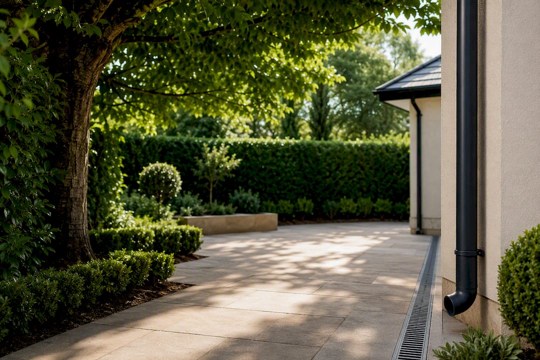 Tree canopy and downpipe beside garden area