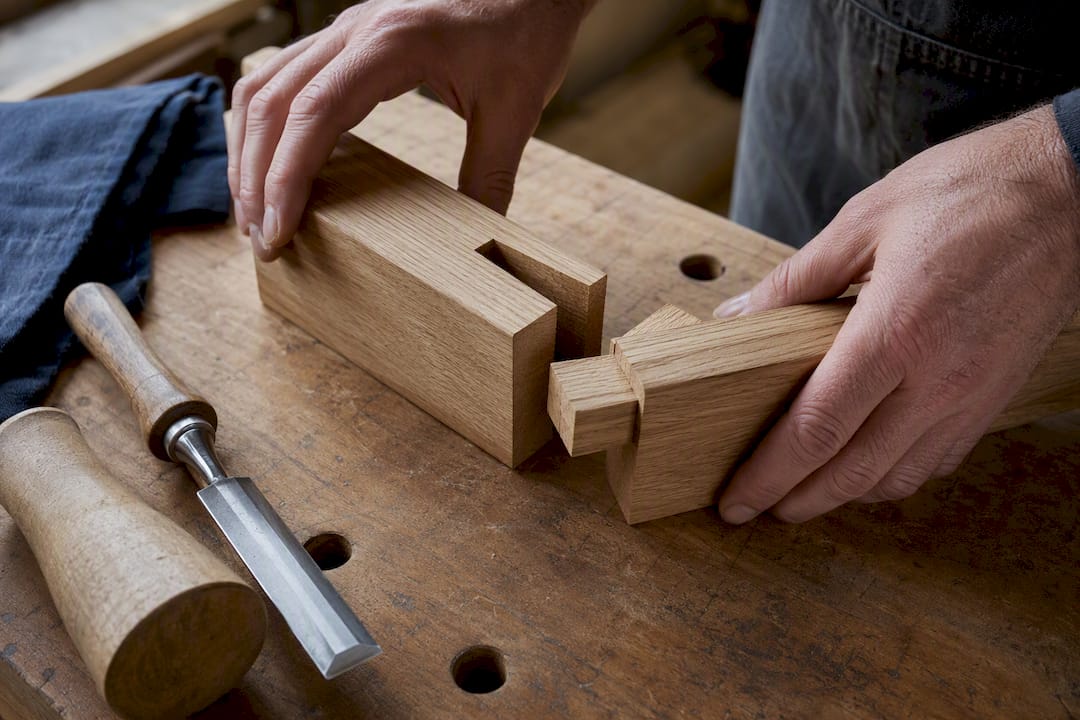 Hands fitting a timber mortise and tenon joint