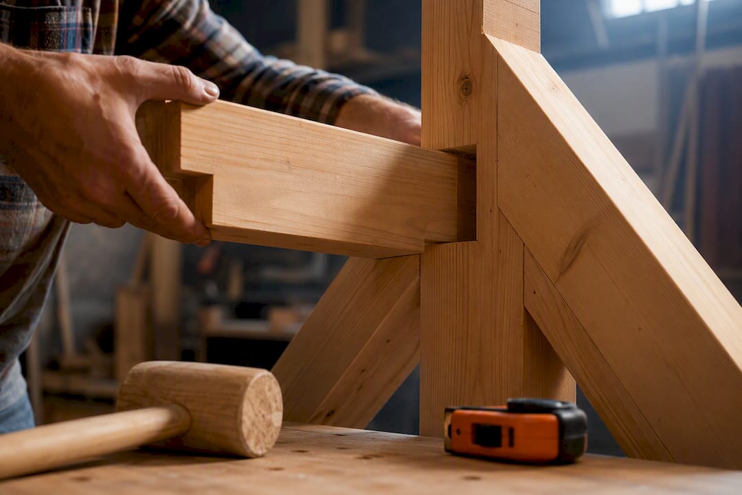 DIYer fitting a timber frame joint