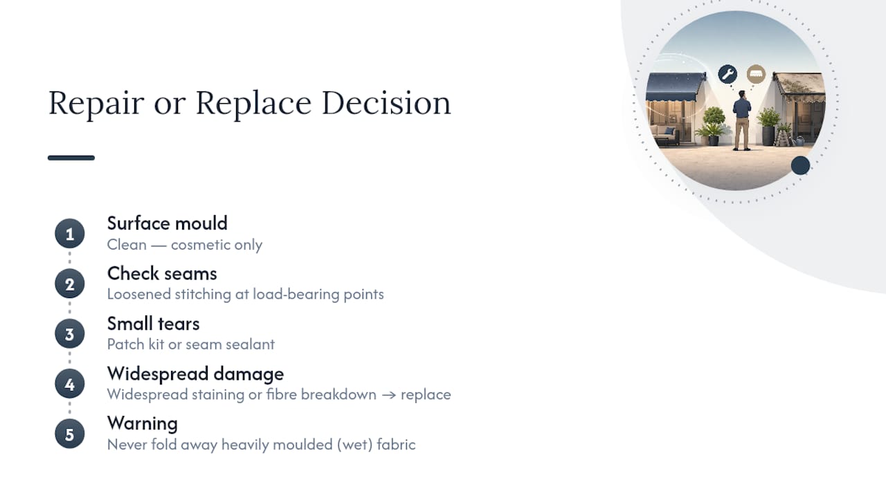 Awning fabric repair or replacement decision path