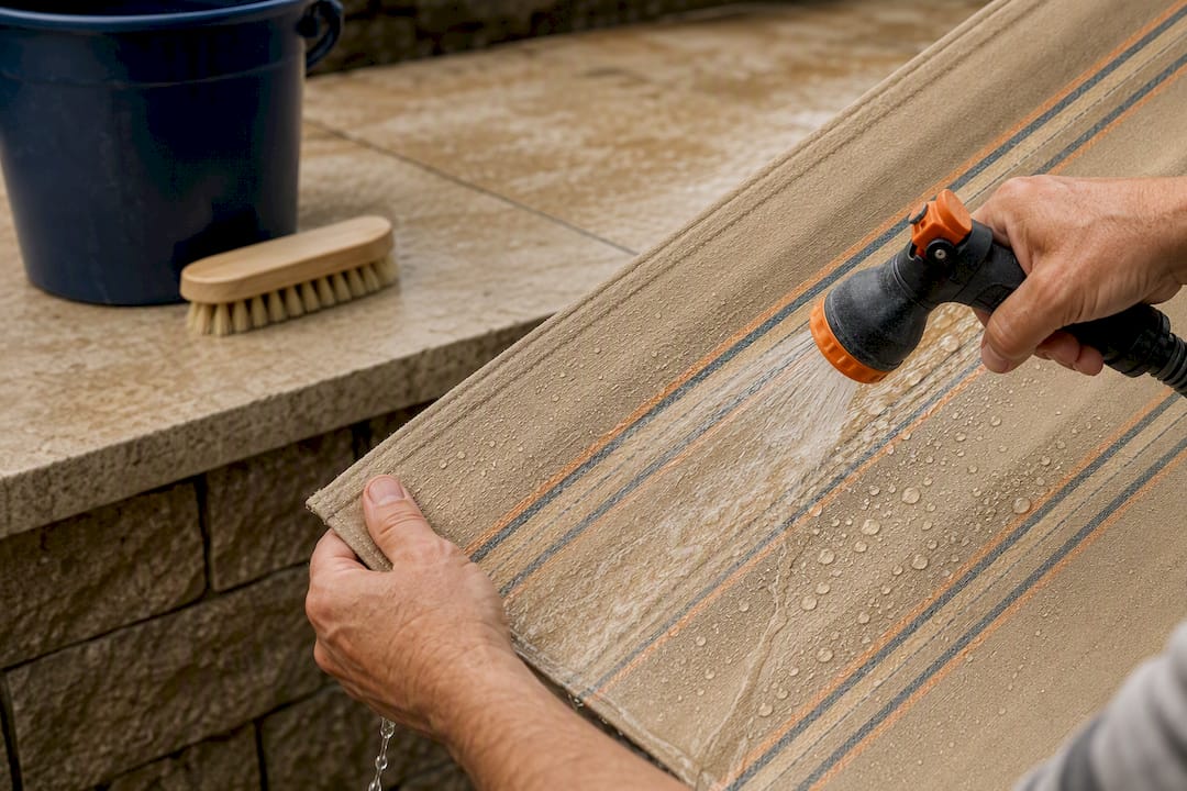 Water rinsing mould from awning fabric