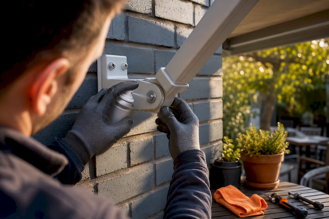 Installer lubricating a retractable awning joint
