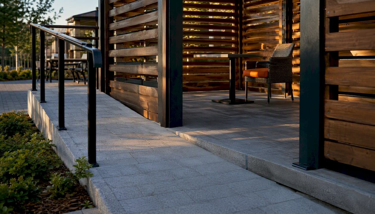 Level accessible route into pub shelter
